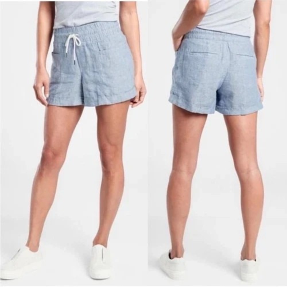 Athleta Cabo 100% Linen 4" Shorts Women Sz 12 Blue‎ Chambray Pull On Coastal